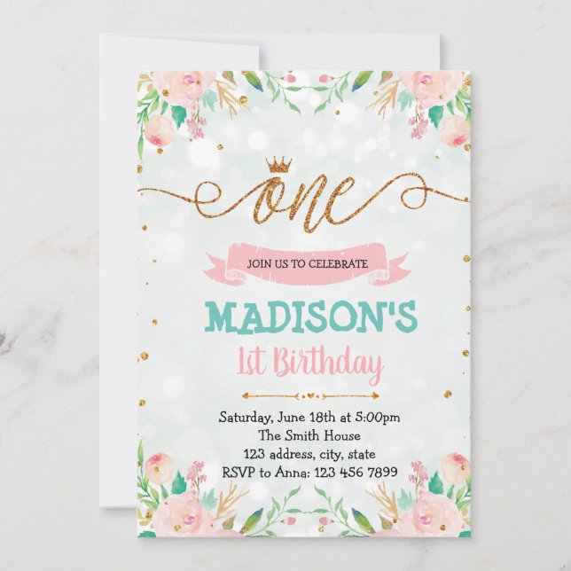 Floral first birthday party invitation (Front)