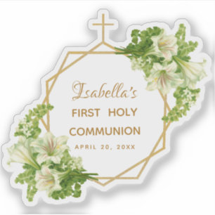 Floral First Communion Gold White Lilies Geometric