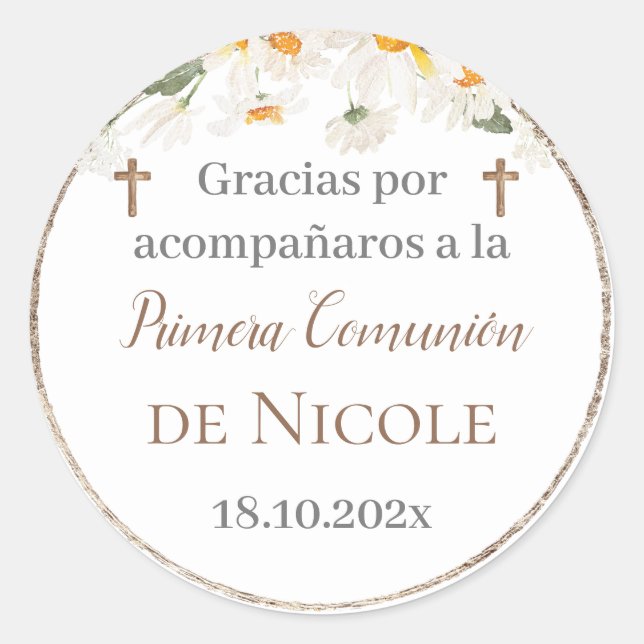 Floral First Communion Stikers Classic Round Sticker (Front)