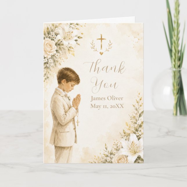 Floral First Communion Thank You Card (Front)
