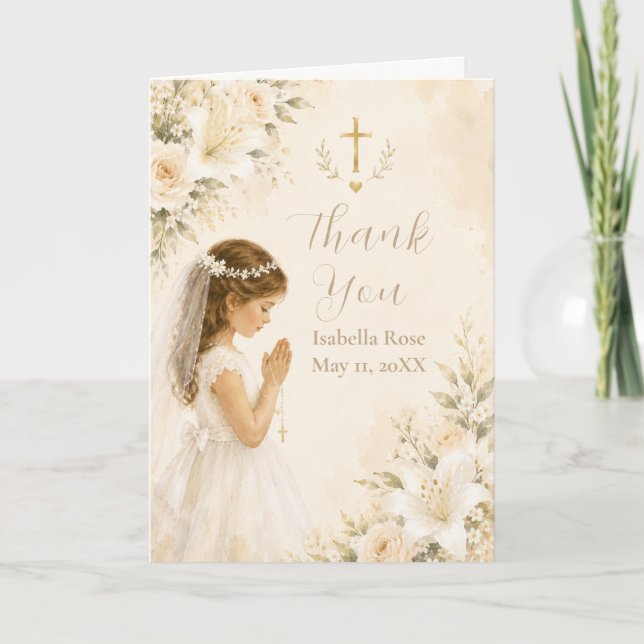 Floral First Communion Thank You Card (Front)