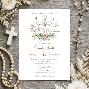 Floral First Holy Communion for girl Invitation