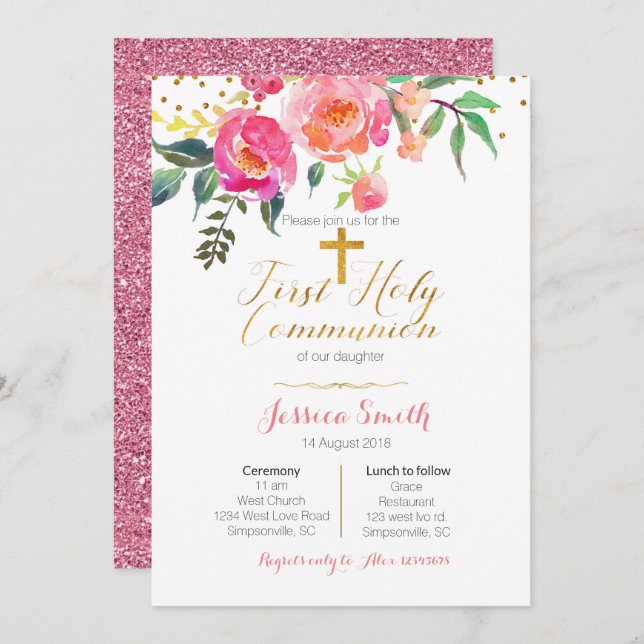 Floral First Holy Communion Invitations (Front/Back)