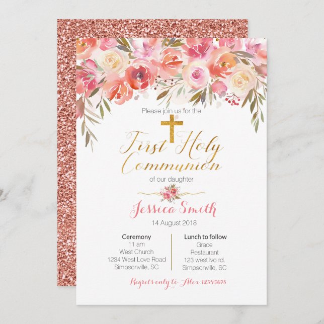 Floral First Holy Communion Invitations Rose Gold (Front/Back)