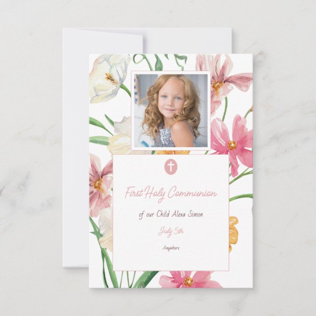 Floral First Holy Communion Photo RSVP Card (Front)