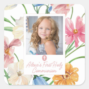 Floral First Holy Communion Photo Square Sticker