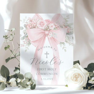  Floral First Holy Communion Pink Bow Welcome Poster