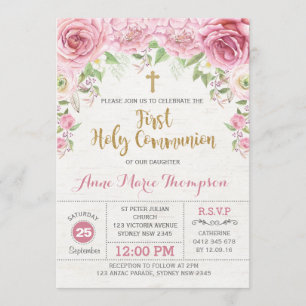 Floral First Holy Communion Pink & Gold Invite