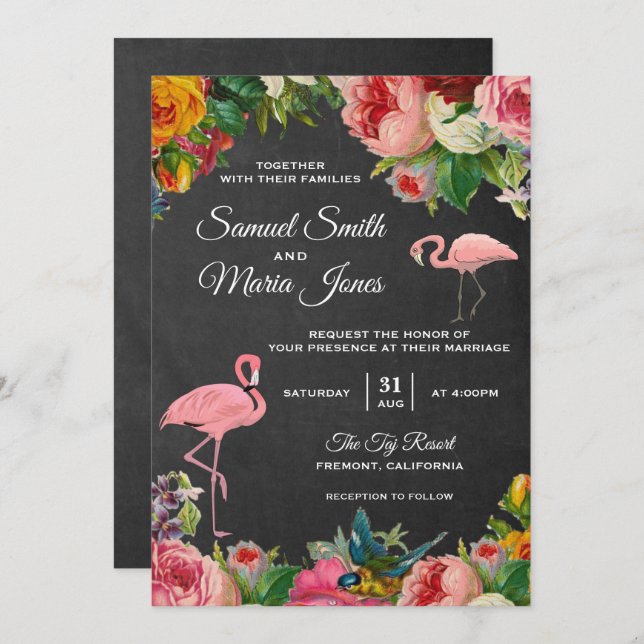 Floral Flamingo Chalkboard Wedding Invitation (Front/Back)