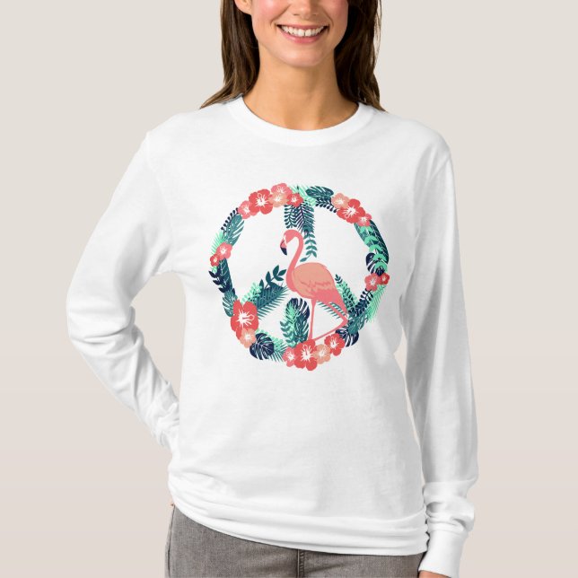Floral Flamingo Peace Sign Cute Pink T-Shirt (Front)