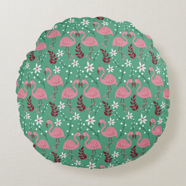 Floral flamingo seamless pattern pink green round cushion (Front)