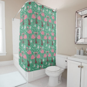 Floral flamingo seamless pattern pink green shower curtain