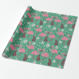 Floral flamingo seamless pattern pink green wrapping paper