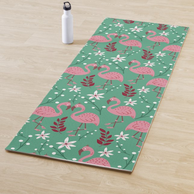 Floral flamingo seamless pattern pink green yoga mat (In Situ)