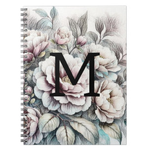 Floral floral drawing monogram pink blue peonies notebook