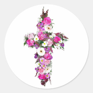 Floral/Flower Cross Classic Round Sticker