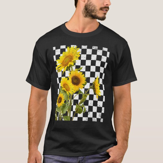 Floral Flower Enthusiast Checkerboard Chess Sunflo T-Shirt (Front)