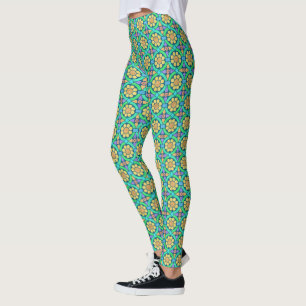 Floral Flower Geometric Pattern Cute Yellow Green Leggings
