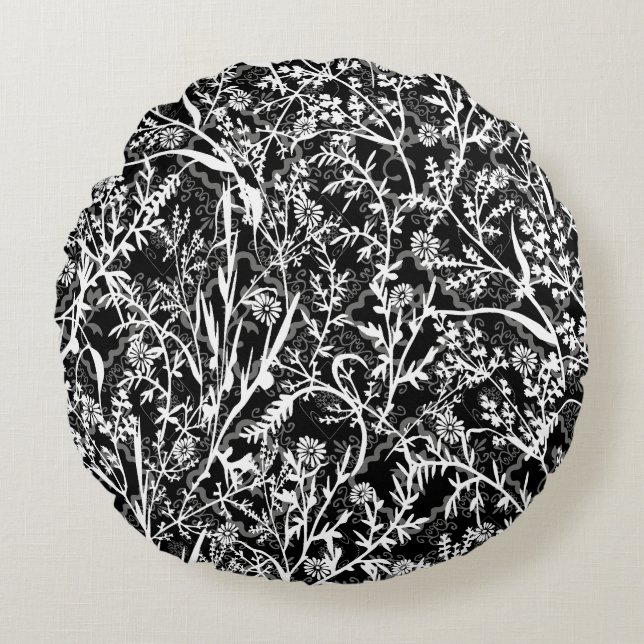 Floral Flower Grayscale  Round Cushion (Front)