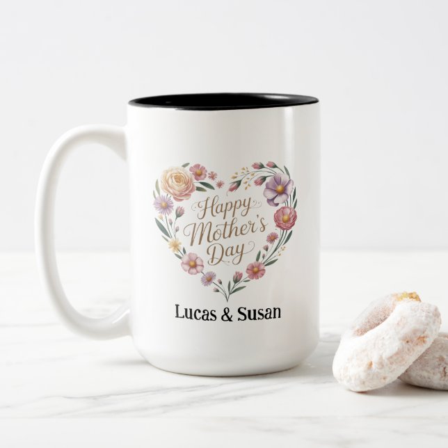 Floral Flower Pastel Tea Happy Mother's Day Gift Two-Tone Coffee Mug (With Donut)