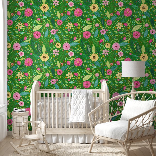 Floral flower pattern green colour peel and stick wallpaper (Kids)