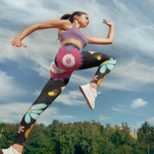 Floral Flower Power Colourful Black Leggings