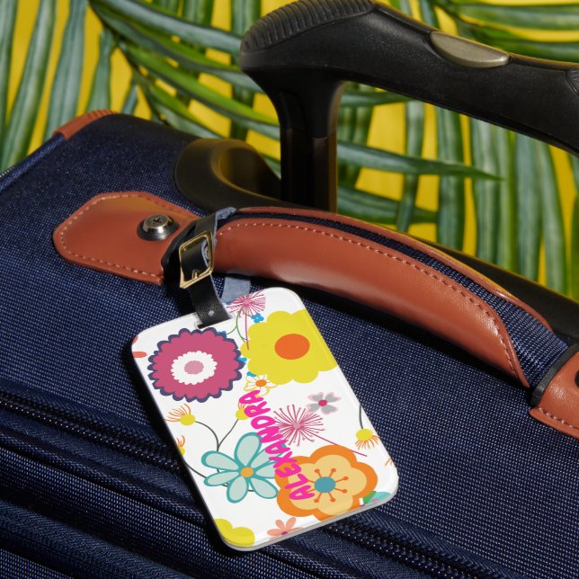 Floral Flower Power Colourful Pink Luggage Tag (Front Insitu 1)