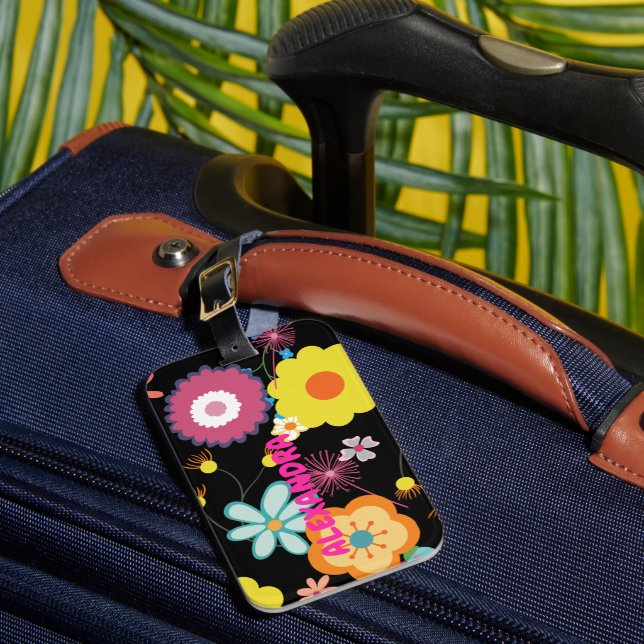 Floral Flower Power Colourful Pink Luggage Tag (Front Insitu 1)