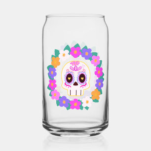 Floral Flower Sugar Skull Can Glass
