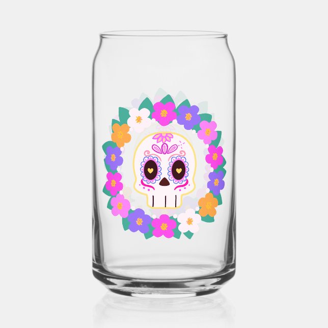 Floral Flower Sugar Skull Can Glass (Back)