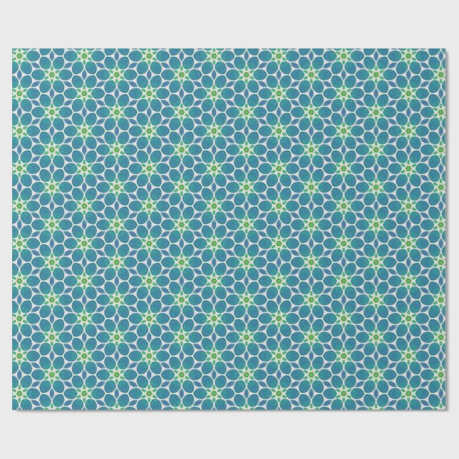 Floral flower teal blue pattern tile wrapping paper (Flat)