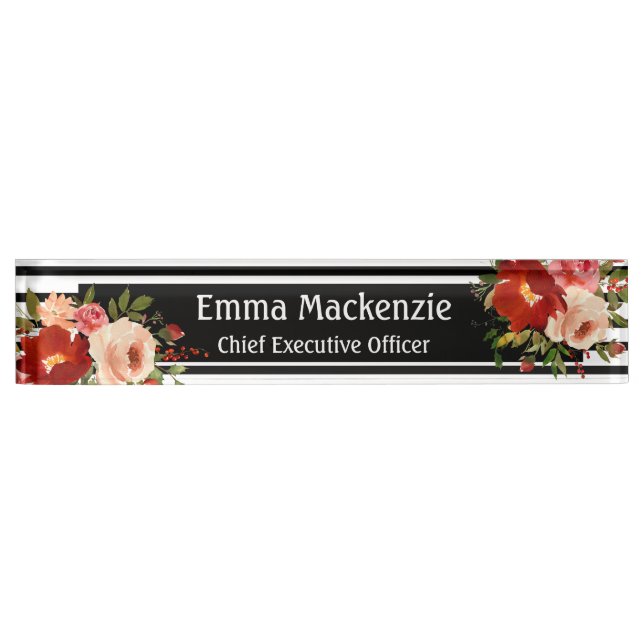 Floral Flowers Black and White  Nameplate (Front)