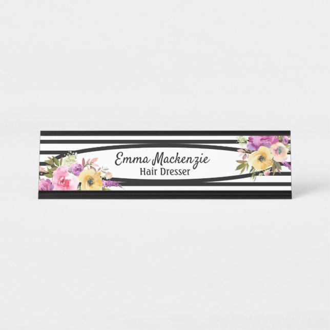 Floral Flowers Black and White Office Desk Sign (Front)