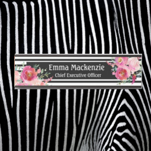 Floral Flowers Black and White Office Door Sign