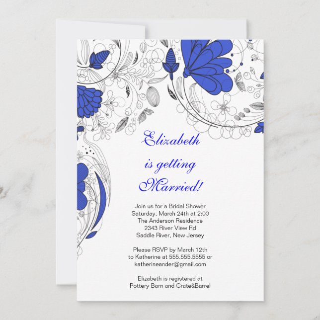 Floral Flowers Bridal Shower Invitation BLUE (Front)
