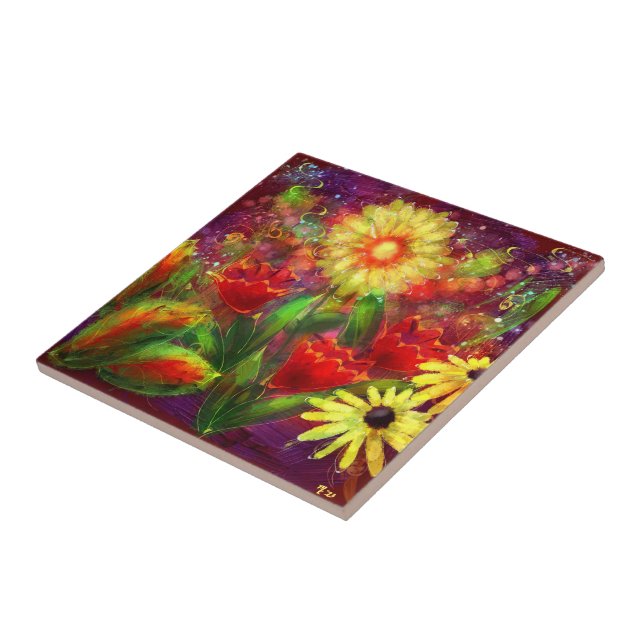 Floral Flowers Flower Abstract Art Red Yellow Tile (Side)