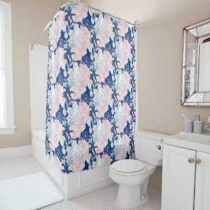 Floral Flowers Foliage Green Pink Shades of Blue Shower Curtain