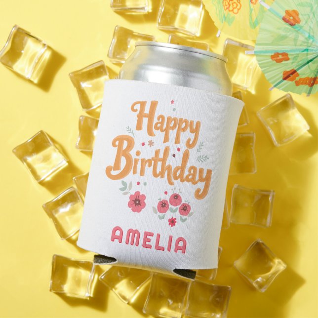Floral Flowers Happy Birthday Handlettering Can Cooler (In Situ Summer)