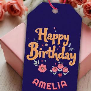 Floral Flowers Happy Birthday Handlettering  Gift Tags