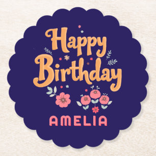 Floral Flowers Happy Birthday Handlettering Paper Coaster