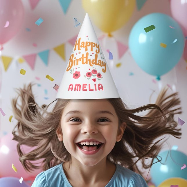 Floral Flowers Happy Birthday Handlettering Party Hat (Creator Uploaded)