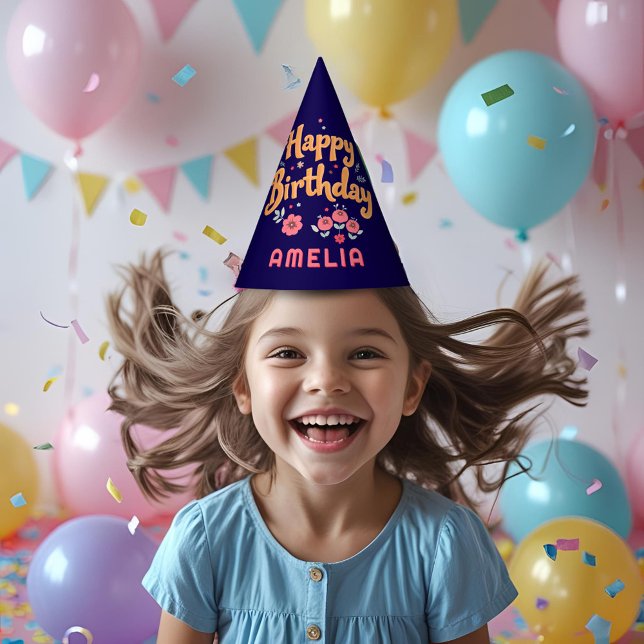 Floral Flowers Happy Birthday Handlettering Party Hat (Creator Uploaded)