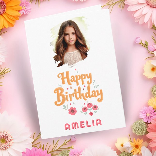 Floral Flowers Happy Birthday Handlettering Photo  Card (Creator Uploaded)