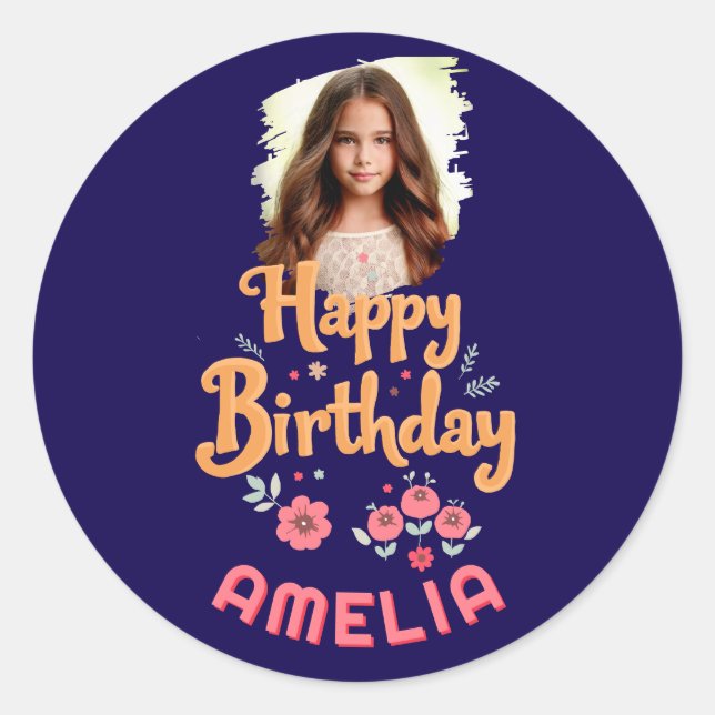 Floral Flowers Happy Birthday Handlettering Photo  Classic Round Sticker (Front)