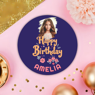 Floral Flowers Happy Birthday Handlettering Photo Classic Round Sticker