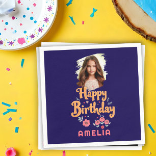 Floral Flowers Happy Birthday Handlettering Photo Napkin