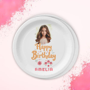 Floral Flowers Happy Birthday Handlettering Photo  Paper Plate