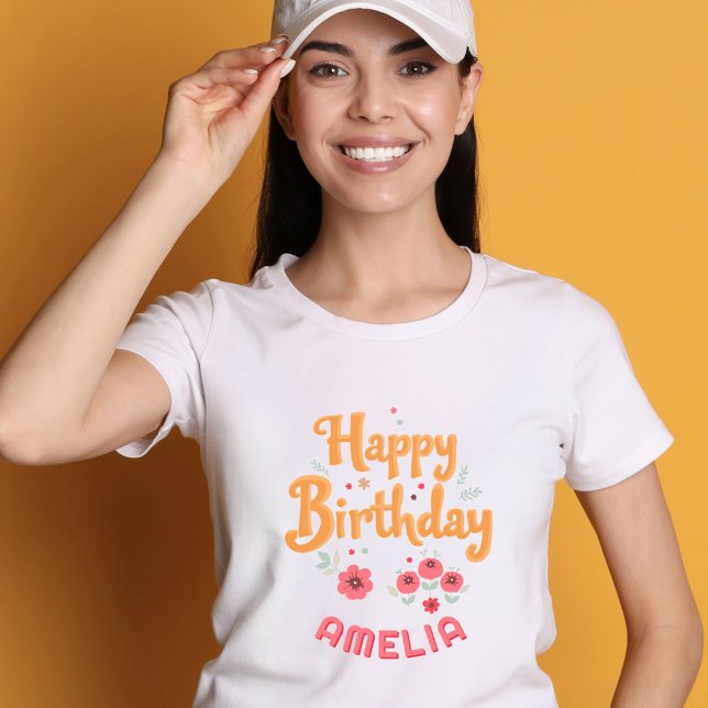 Floral Flowers Happy Birthday Handlettering T-Shirt (Creator Uploaded)