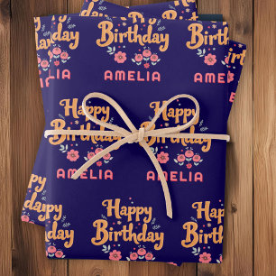 Floral Flowers Happy Birthday Handlettering Wrapping Paper Sheet