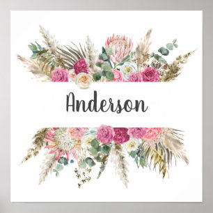 Floral, Flowers Monogram Last Name Wedding Gift Poster